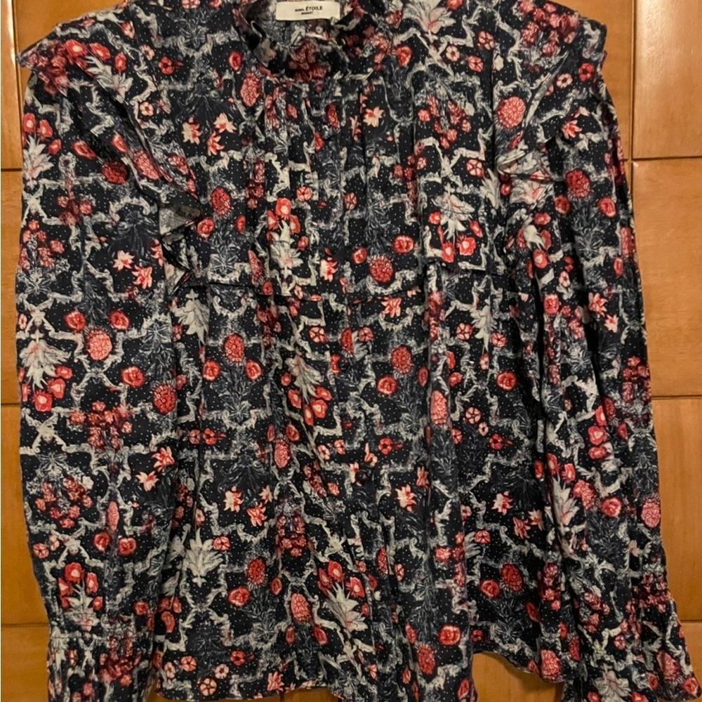 Red and Blue Floral Patterned Top